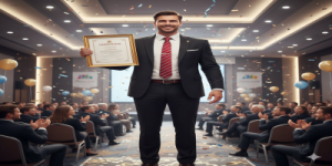 Professional man wearing a black suit celebrating with an award certificate at a formal ceremony.