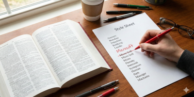 A hand correcting the word Microsoft with a red pen on a style sheet next to an open book