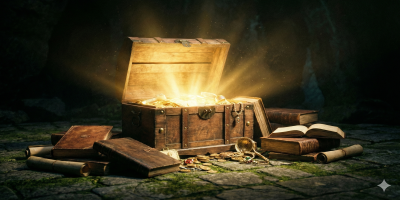 An open wooden treasure chest filled with gold coins and old books, emitting a faint glow in a dark setting