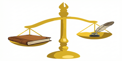 A golden balance scale holding a book on one side and a quill on the other; the book side slightly lower than the quill side